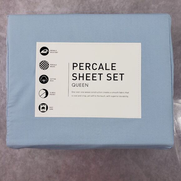 AQ Textiles Percale Sheet Set Queen Solid Blue 4 pc 220 Thread Count - Picture 1 of 9